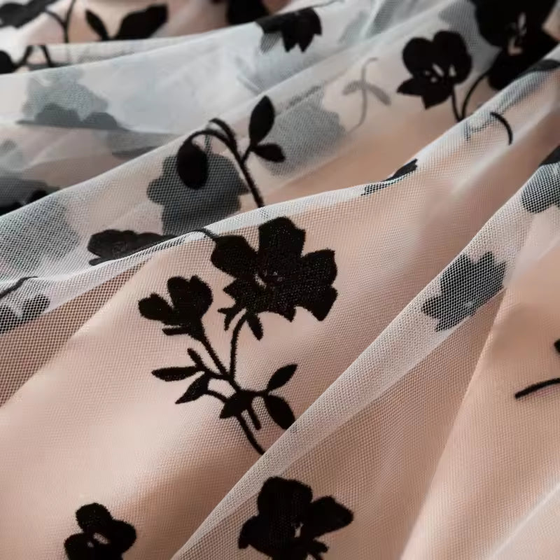 Girls Black Rose Summer Casual Dress Elegant Floral Princess Party Dress Tulle Pleated