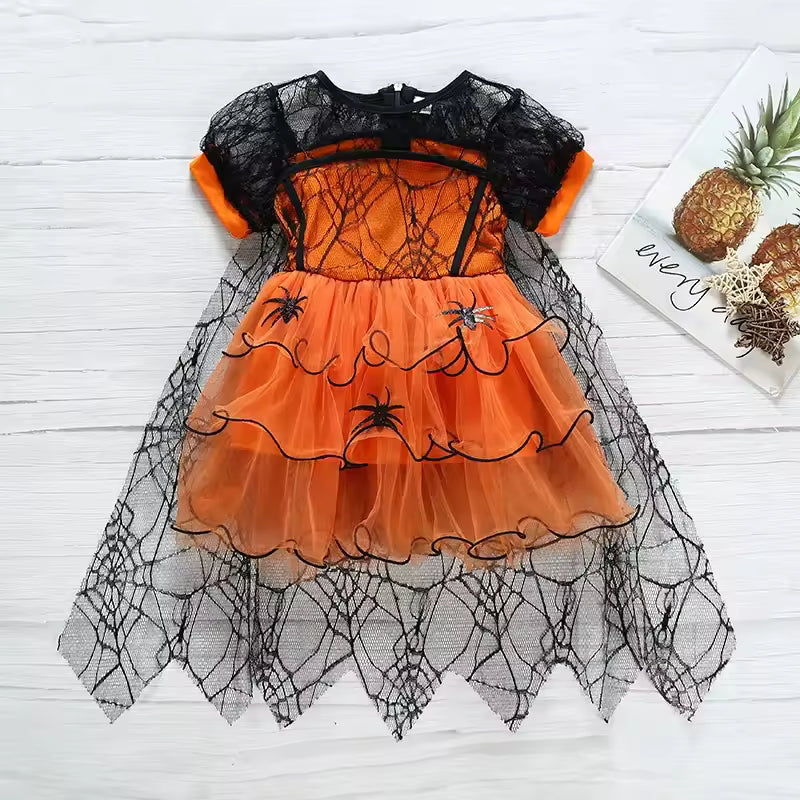 Toddler Halloween Spider Web Mesh With Cape Costume For Girls Cosplay Tulle Cloak Dress Party Princess Dresses Clothes 2-10Yrs
