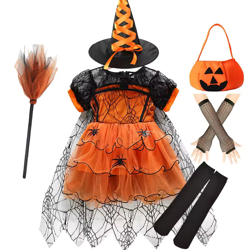 Toddler Halloween Spider Web Mesh With Cape Costume For Girls Cosplay Tulle Cloak Dress Party Princess Dresses Clothes 2-10Yrs