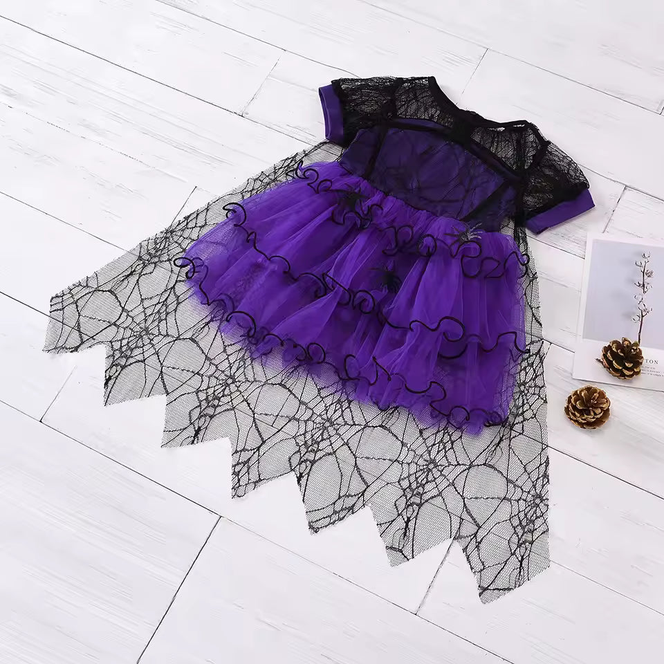 Toddler Halloween Spider Web Mesh With Cape Costume For Girls Cosplay Tulle Cloak Dress Party Princess Dresses Clothes 2-10Yrs