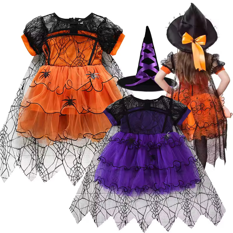 Toddler Halloween Spider Web Mesh With Cape Costume For Girls Cosplay Tulle Cloak Dress Party Princess Dresses Clothes 2-10Yrs