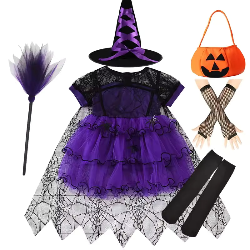 Toddler Halloween Spider Web Mesh With Cape Costume For Girls Cosplay Tulle Cloak Dress Party Princess Dresses Clothes 2-10Yrs