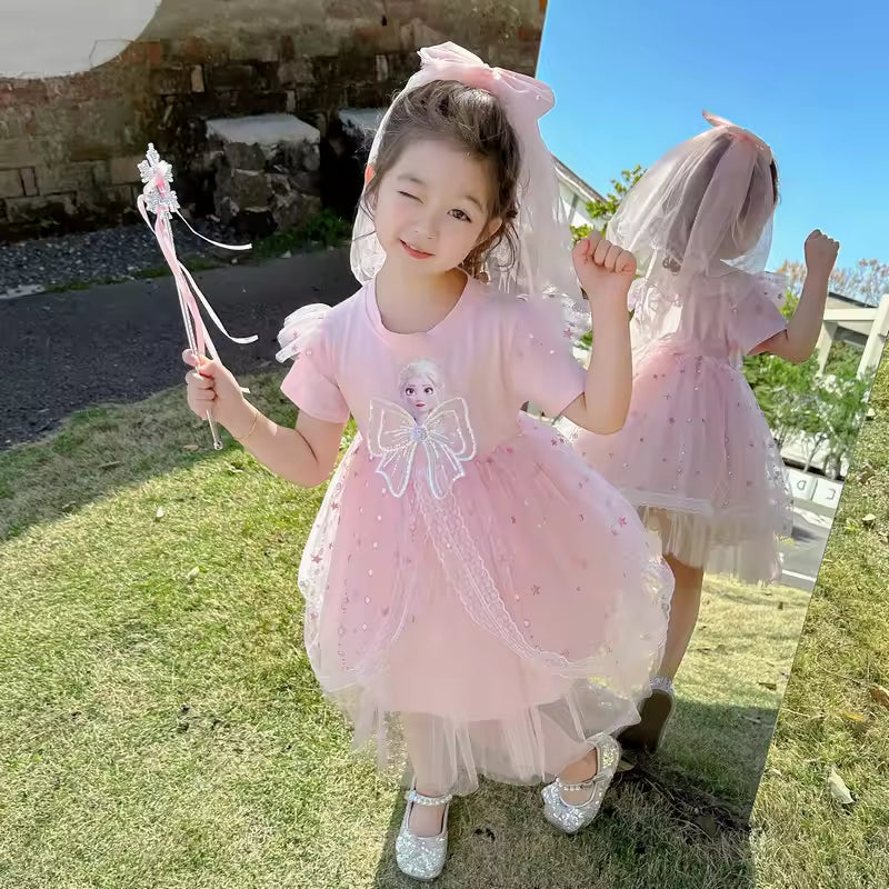 Disney Girls Dress Short/Long Sleeve Summer Princess Dresses Frozen Elsa Party Baby Dresses for Children Clothing Kids Clothes
