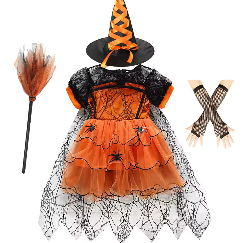 Toddler Halloween Spider Web Mesh With Cape Costume For Girls Cosplay Tulle Cloak Dress Party Princess Dresses Clothes 2-10Yrs