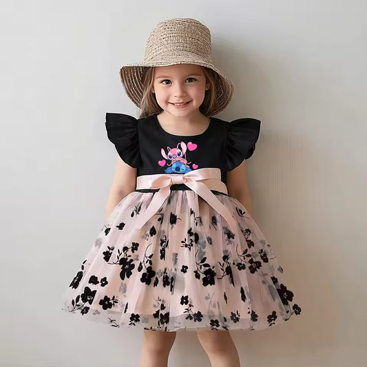 Girls Black Rose Summer Casual Dress Elegant Floral Princess Party Dress Tulle Pleated