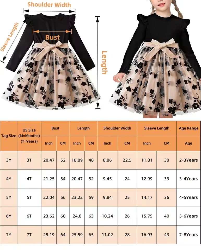 Girls Black Rose Summer Casual Dress Elegant Floral Princess Party Dress Tulle Pleated