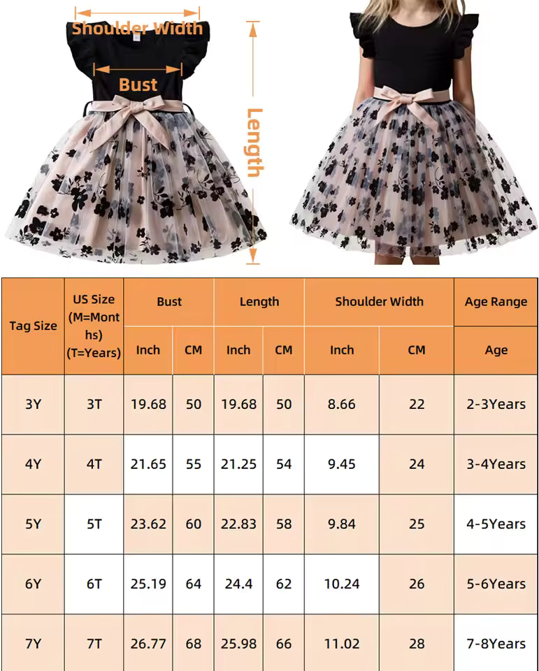 Girls Black Rose Summer Casual Dress Elegant Floral Princess Party Dress Tulle Pleated
