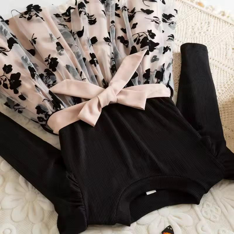 Girls Black Rose Summer Casual Dress Elegant Floral Princess Party Dress Tulle Pleated