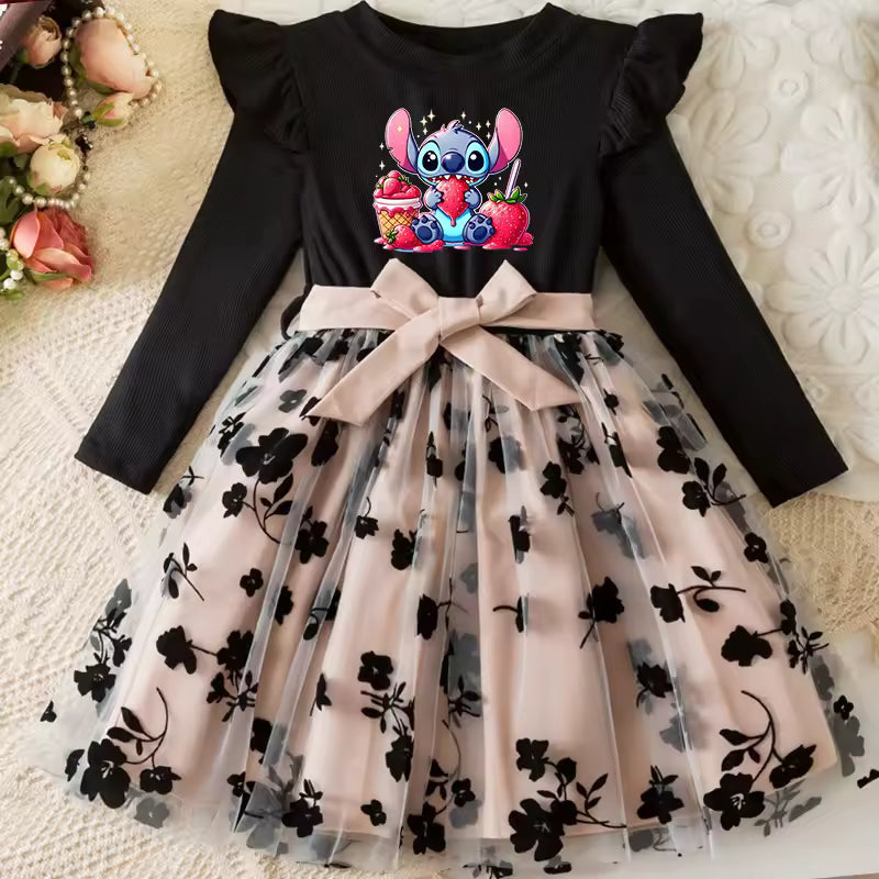 Girls Black Rose Summer Casual Dress Elegant Floral Princess Party Dress Tulle Pleated
