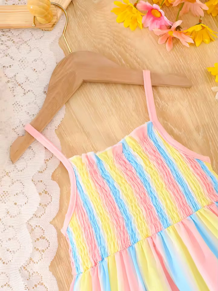 New Summer Rainbow Striped Print Halter Dress Fabric Comfortable Cool Soft Beach Holiday Style Casual Princess Dress