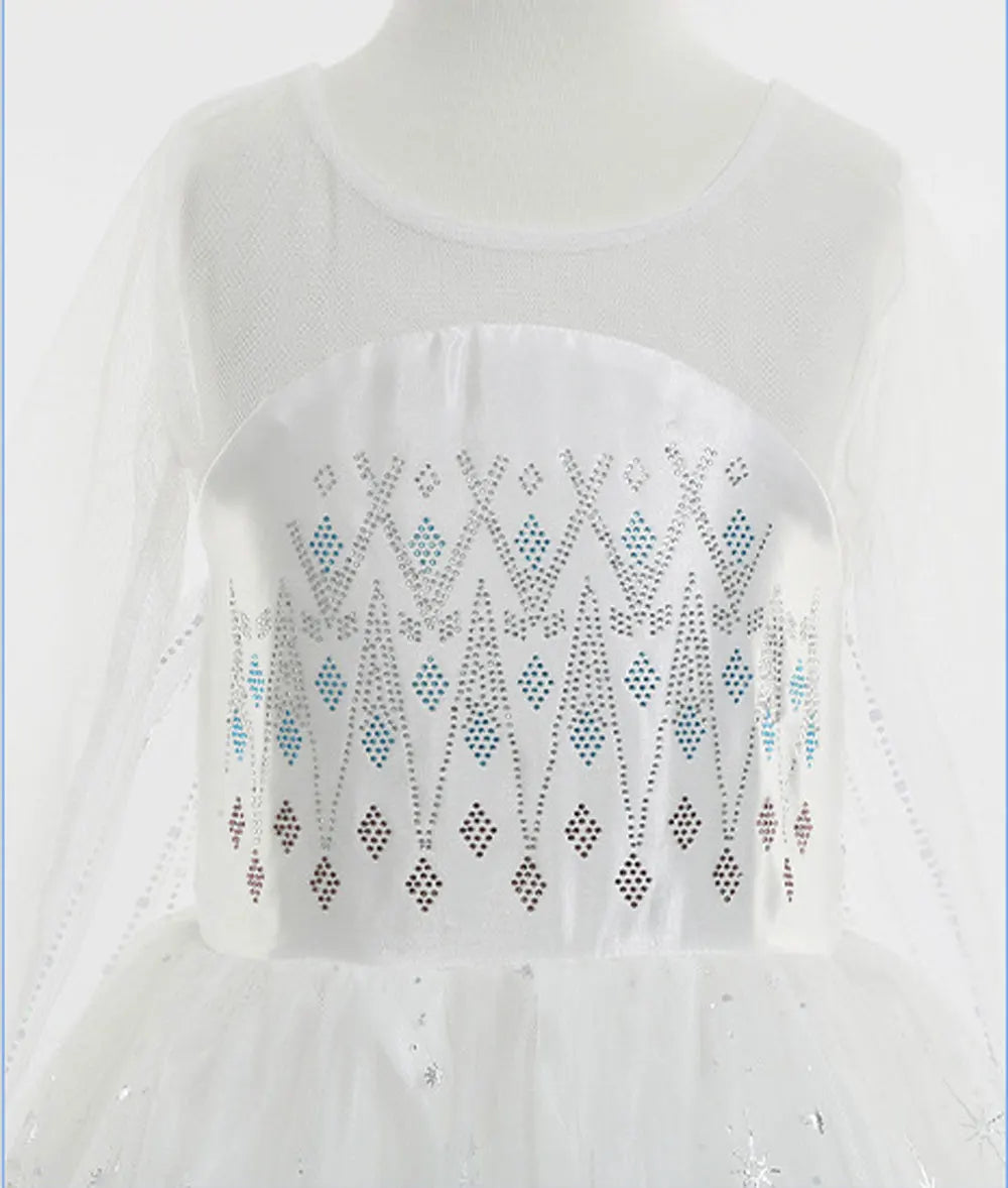 Disney Elsa Princess Dress For Girl White Printed Long-Sleeved Lace Dress Festive Party Gift Set Frozen Dress Fire Spirit Olaf