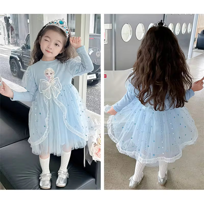 Disney Girls Dress Short/Long Sleeve Summer Princess Dresses Frozen Elsa Party Baby Dresses for Children Clothing Kids Clothes