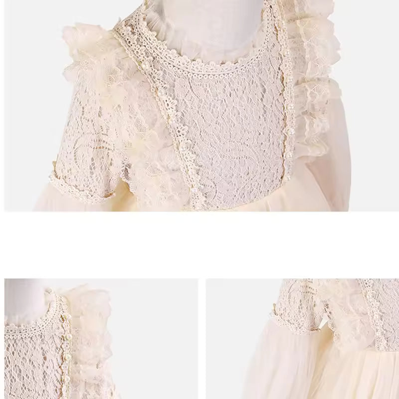 Spring Autumn Kids Girls Dresses Lantern Sleeve Lace Princess Dress Pearl Sweet O-neck Mesh Party Children's Clothing Vestidos