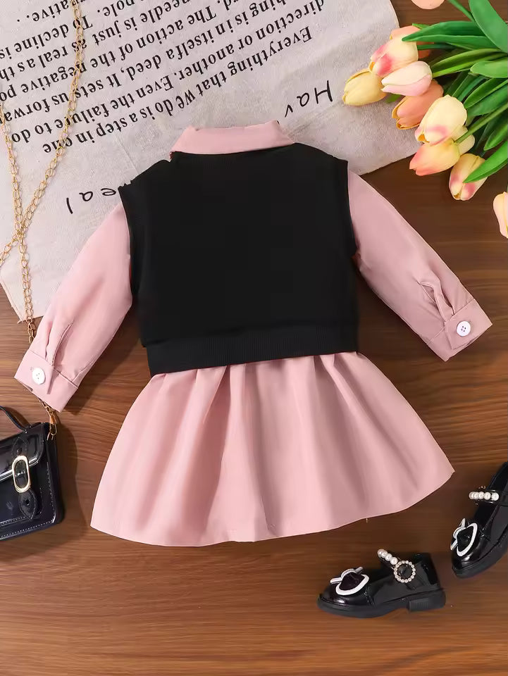 2CPS Autumn New Style For Girls 0-3 Years Old, Comfortable Fashionable Casual Multicoloured Shirt Dress + Black Vest
