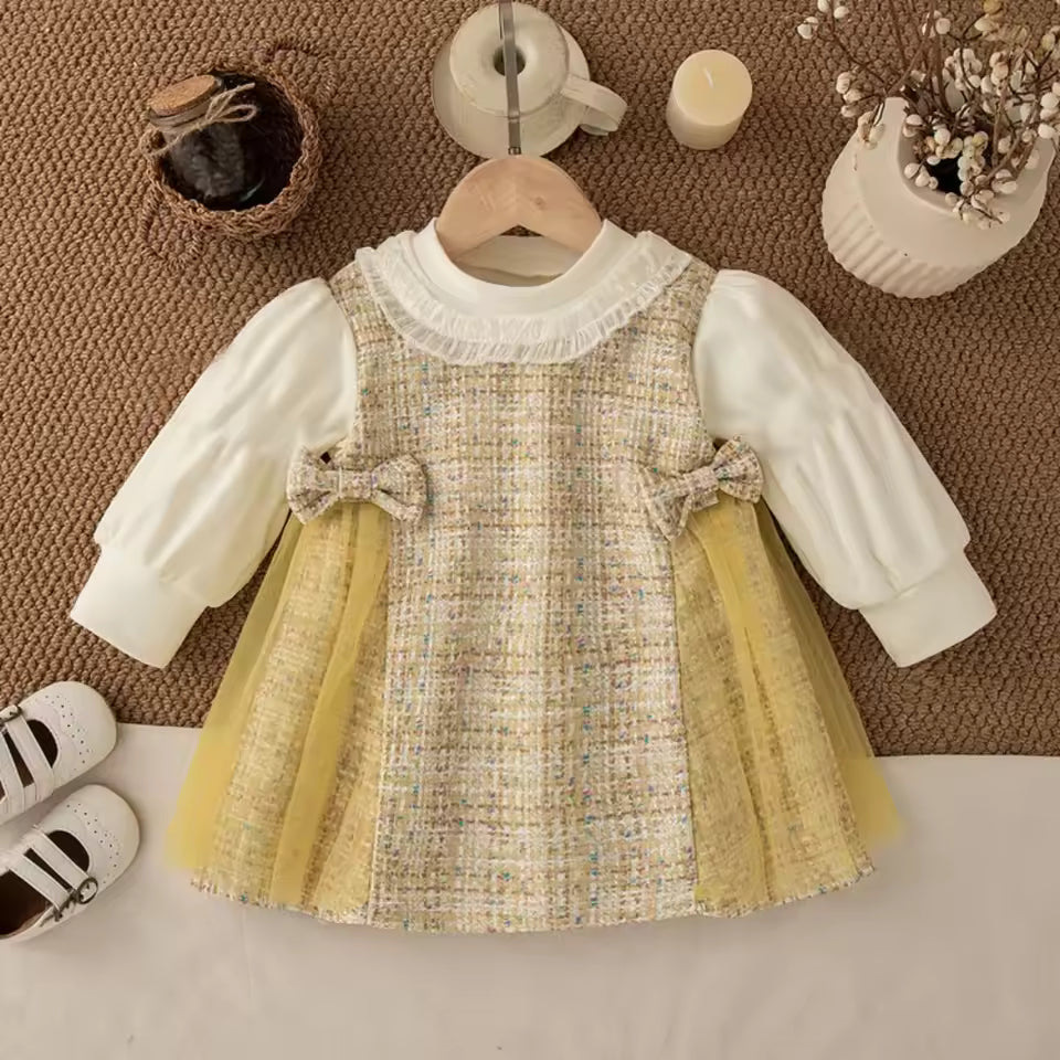 Baby Girl Autumn Cotton Fake 2Pcs Dress 1-4Y Children Clothes Girl Bowknot Decor Tulle Princess Dress Long Sleeve Party Outfit