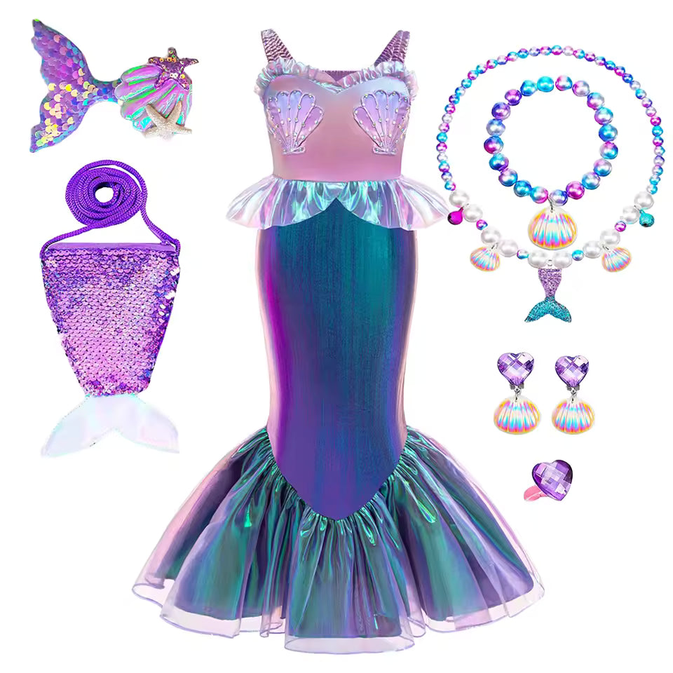 Girl Mermaid Ariel Princess Gown Beading Cosplay Dresses Kids Purple Shining Party Dress Young Girls Trumpet New Clothing