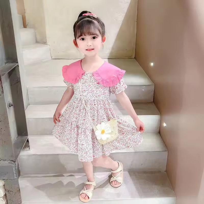 2PCS Summer Yellow Floral Child Little Girls Clothing Casual Midi Dress +Bag Children Dresses For Teens Party Princess Sundress
