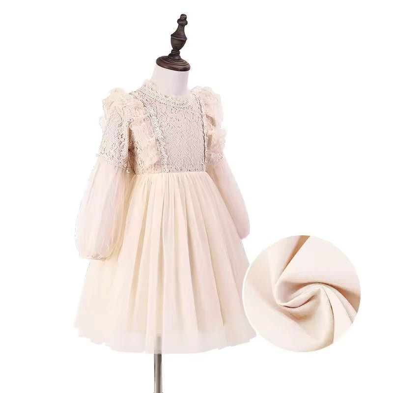 Spring Autumn Kids Girls Dresses Lantern Sleeve Lace Princess Dress Pearl Sweet O-neck Mesh Party Children's Clothing Vestidos