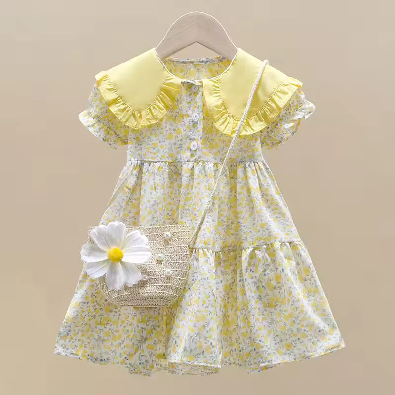2PCS Summer Yellow Floral Child Little Girls Clothing Casual Midi Dress +Bag Children Dresses For Teens Party Princess Sundress
