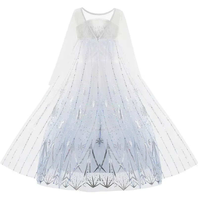 Disney Elsa Princess Dress For Girl White Printed Long-Sleeved Lace Dress Festive Party Gift Set Frozen Dress Fire Spirit Olaf