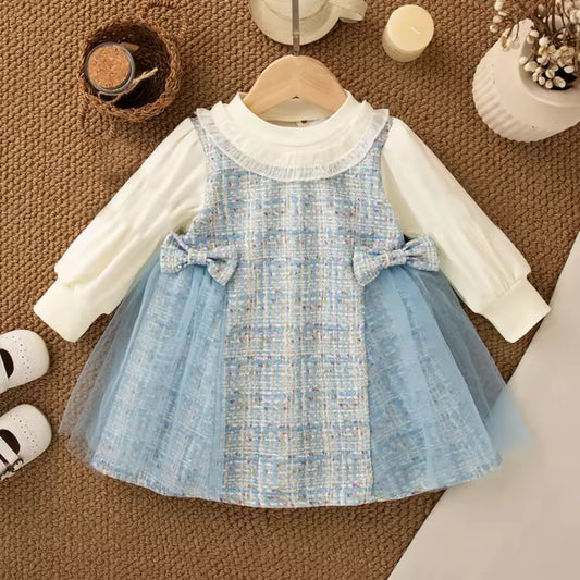 Baby Girl Autumn Cotton Fake 2Pcs Dress 1-4Y Children Clothes Girl Bowknot Decor Tulle Princess Dress Long Sleeve Party Outfit