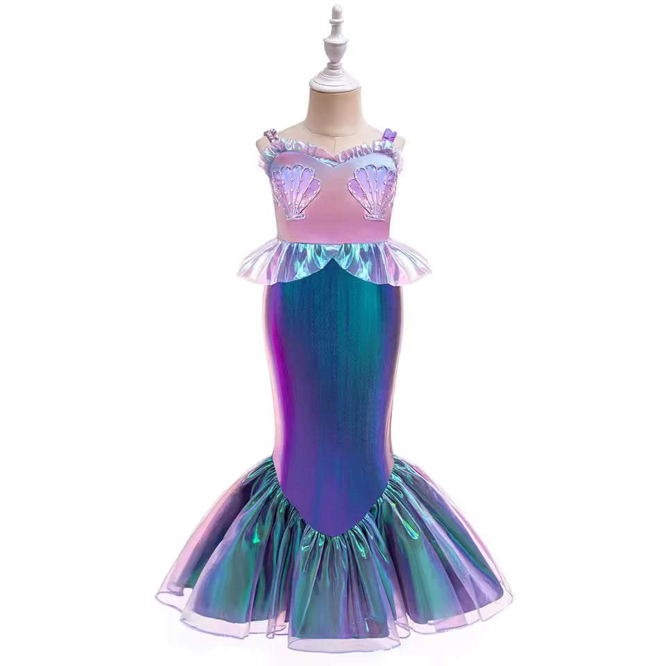 Girl Mermaid Ariel Princess Gown Beading Cosplay Dresses Kids Purple Shining Party Dress Young Girls Trumpet New Clothing
