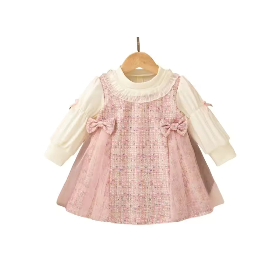 Baby Girl Autumn Cotton Fake 2Pcs Dress 1-4Y Children Clothes Girl Bowknot Decor Tulle Princess Dress Long Sleeve Party Outfit