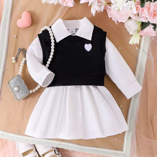 2CPS Autumn New Style For Girls 0-3 Years Old, Comfortable Fashionable Casual Multicoloured Shirt Dress + Black Vest
