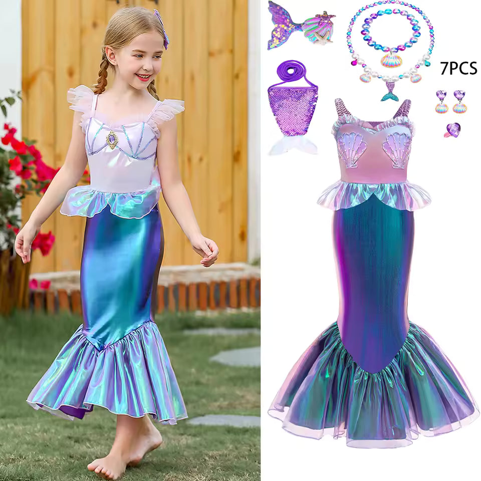 Girl Mermaid Ariel Princess Gown Beading Cosplay Dresses Kids Purple Shining Party Dress Young Girls Trumpet New Clothing