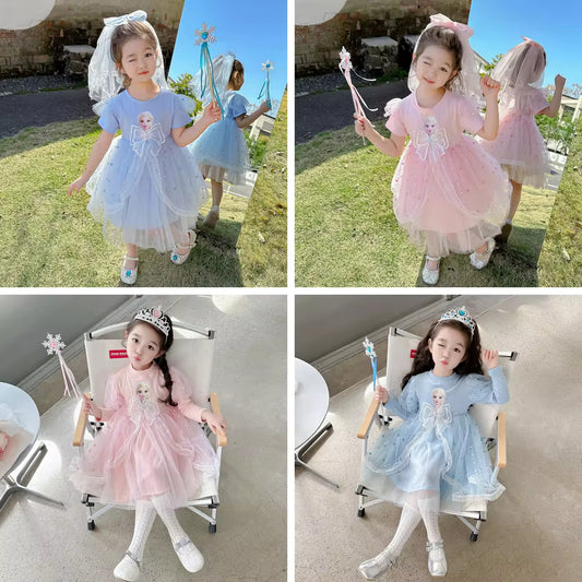 Disney Girls Dress Short/Long Sleeve Summer Princess Dresses Frozen Elsa Party Baby Dresses for Children Clothing Kids Clothes