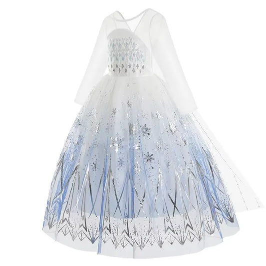 Disney Elsa Princess Dress For Girl White Printed Long-Sleeved Lace Dress Festive Party Gift Set Frozen Dress Fire Spirit Olaf
