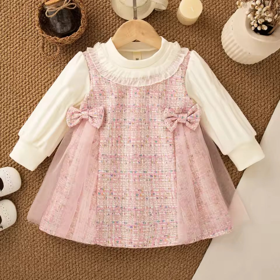 Baby Girl Autumn Cotton Fake 2Pcs Dress 1-4Y Children Clothes Girl Bowknot Decor Tulle Princess Dress Long Sleeve Party Outfit