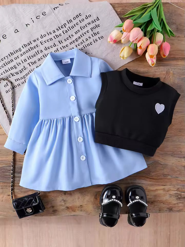 2CPS Autumn New Style For Girls 0-3 Years Old, Comfortable Fashionable Casual Multicoloured Shirt Dress + Black Vest